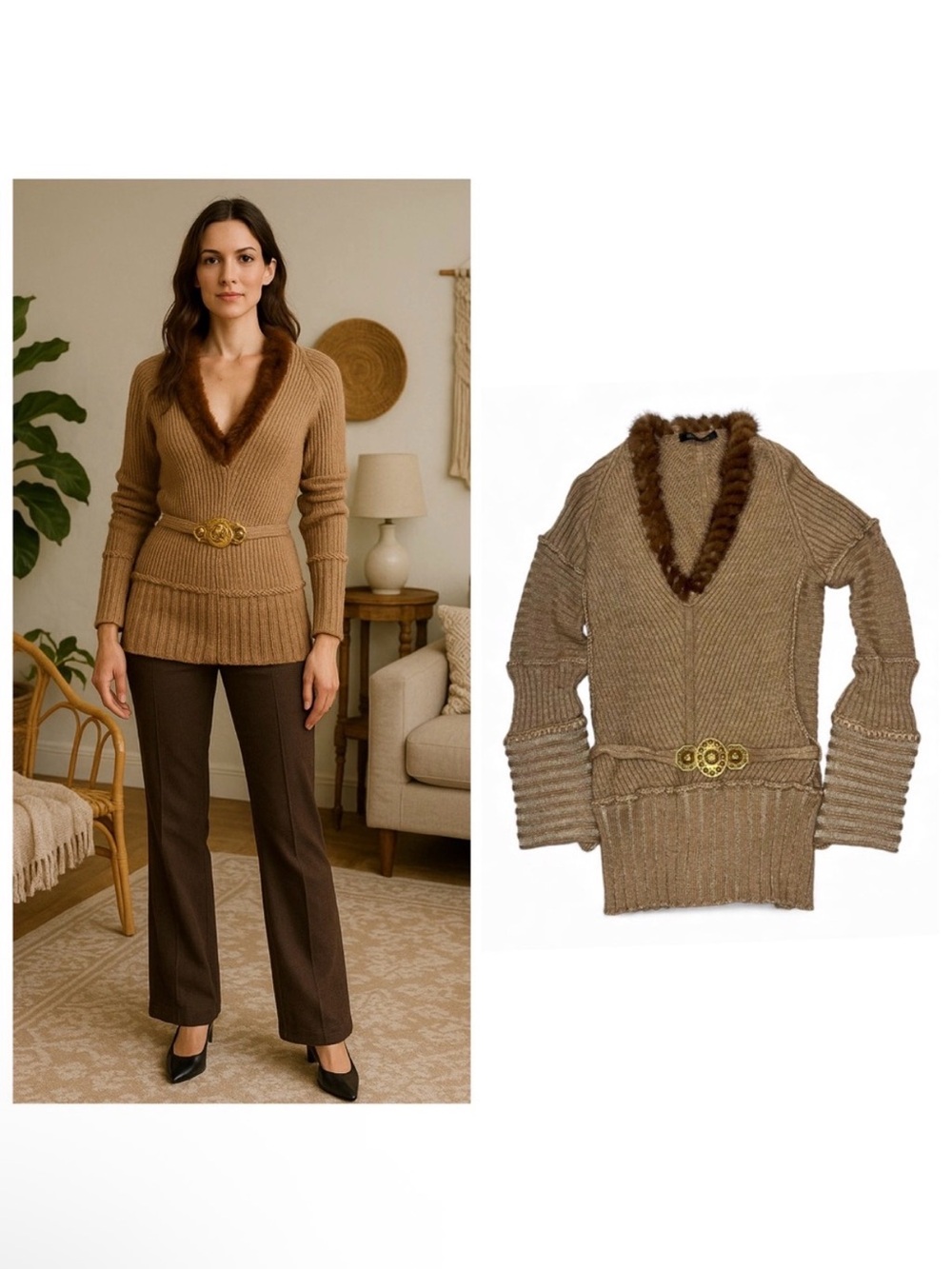 Roberto Cavalli Tan Sweater Camel Hair Belted Medallion V Neck 6 VTG Vintage 🟡